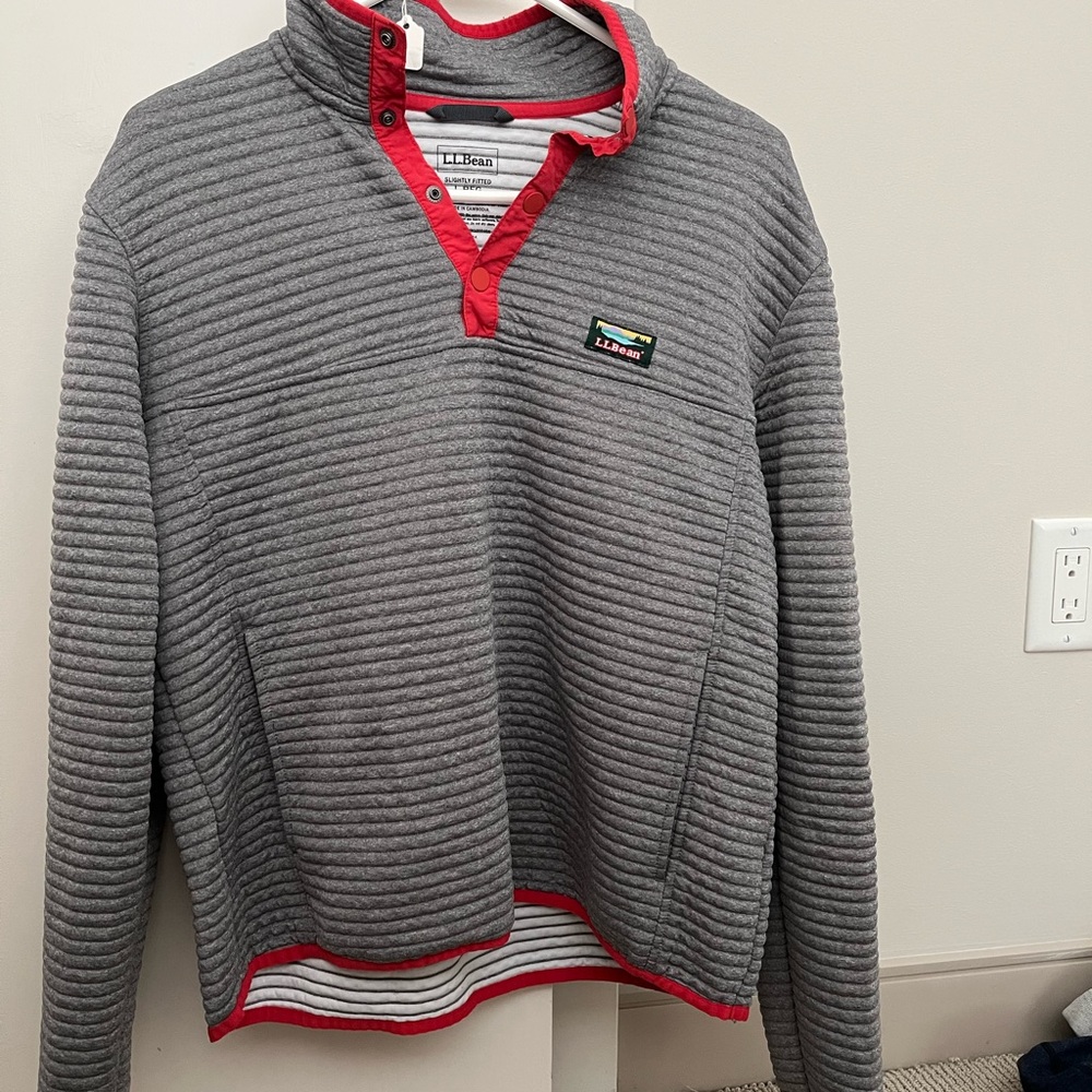 L.L. Bean Gray and Red Zip Up Sweater with Sporty Stripes
